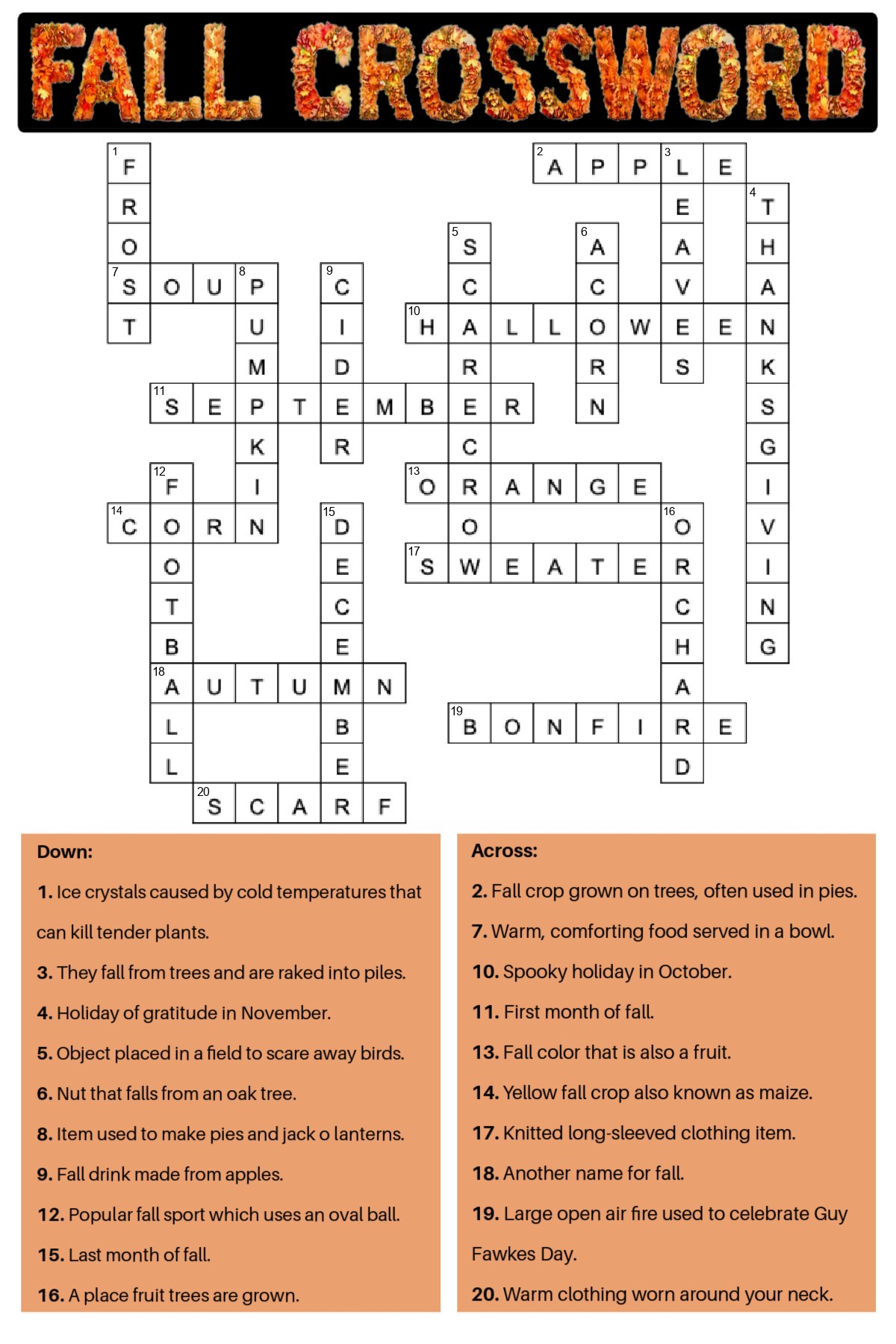 free fall crossword puzzle printable - with answer key included